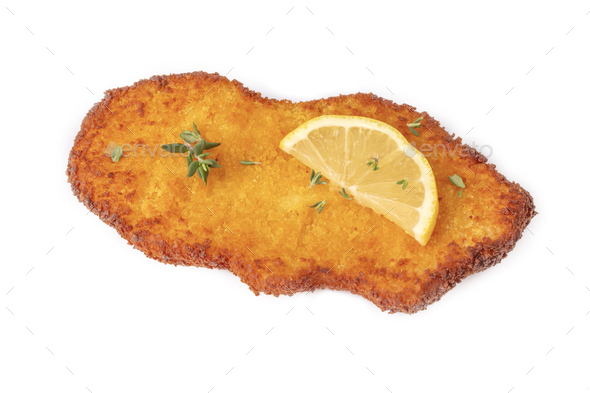 Homemade breaded chicken schnitzel . isolated on white background Stock ...