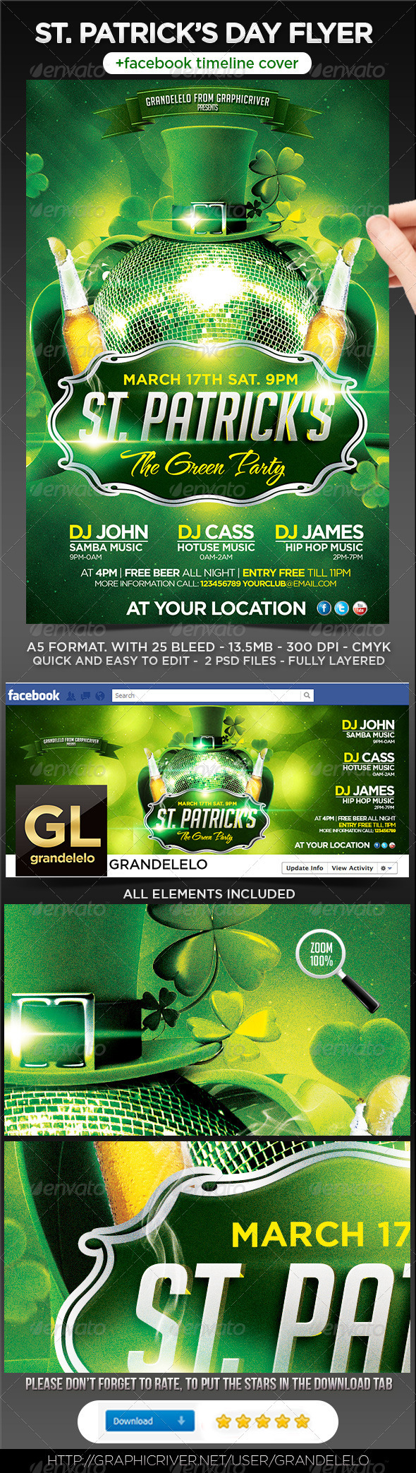 St. Patricks Flyer Template + Facebook Timeline - Holidays Events