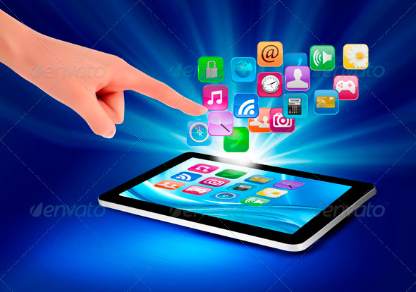 Background with Color Icons in a Tablet and Hand - Technology Conceptual