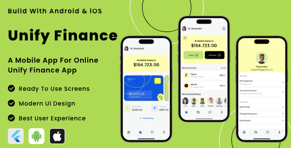 Unify Finance App - Online Finance and investment Flutter App | Android | iOS Mobile App Template