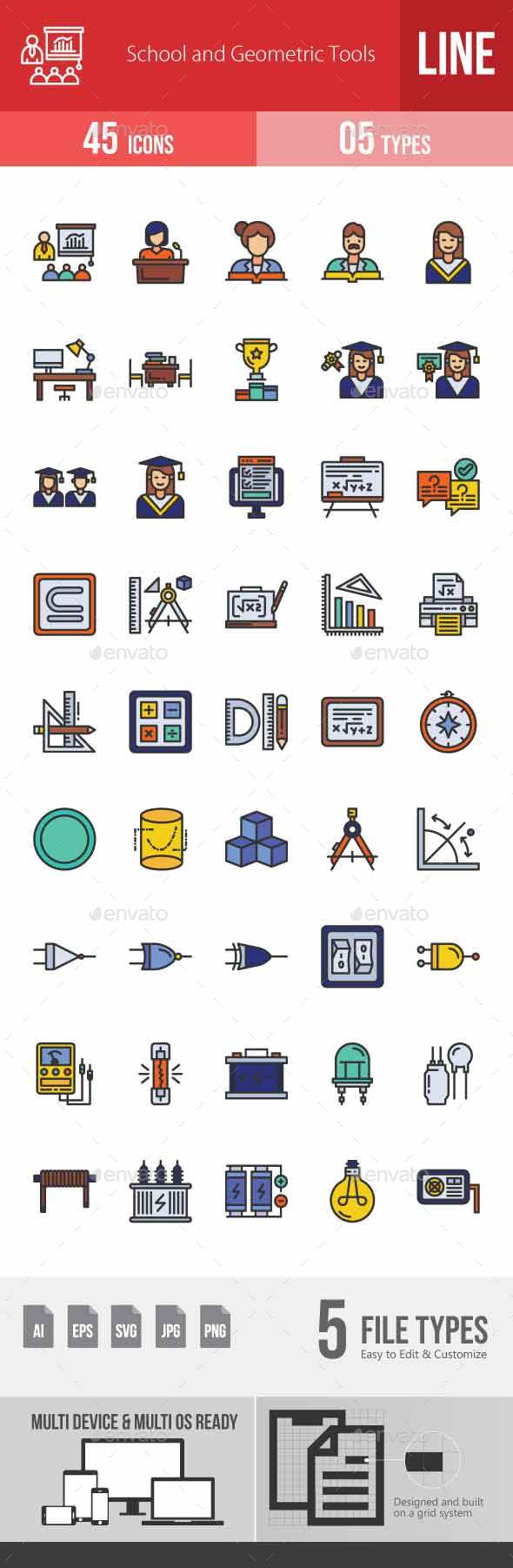 School and Geometric Tools Filled Line Icons