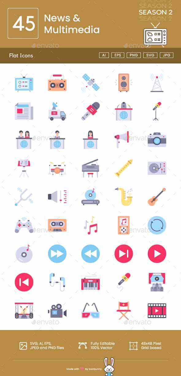 News & Multimedia Flat Multicolor Icons