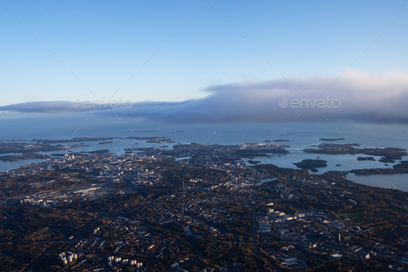 Part of the city of Helsinki and the Gulf of Finland from the plane window during takeoff