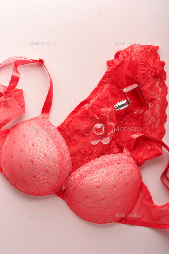Red sexy bra and panties on pink background. Women sexy underwear set with  roses and perfume. Gift I Stock Photo by kasia2003