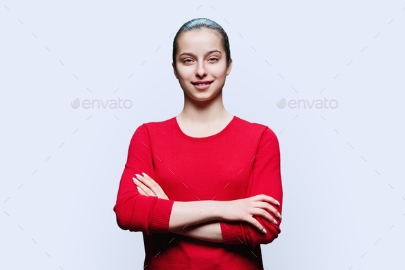 Image Of Smiling Teenage Girl On White Background Stock Photo