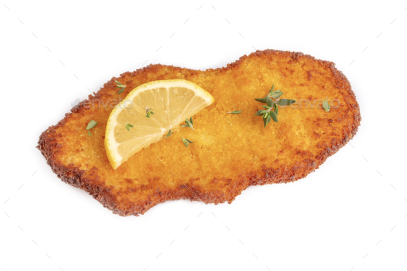 Homemade breaded chicken schnitzel . isolated on white background Stock ...