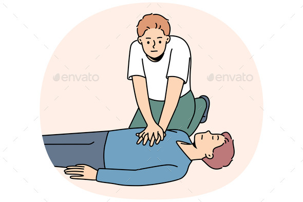 Young Man Make Heart Massage to Person on Ground