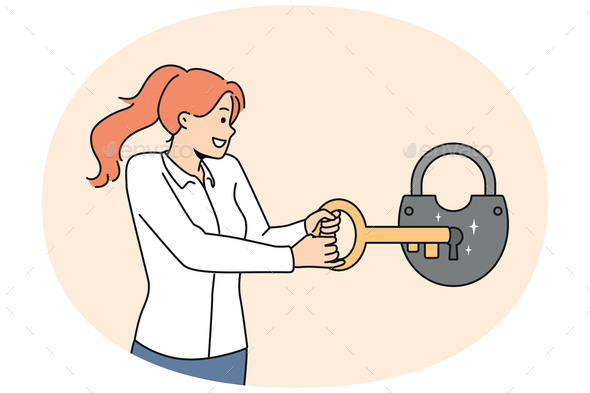 Smiling Woman Open Lock with Huge Key