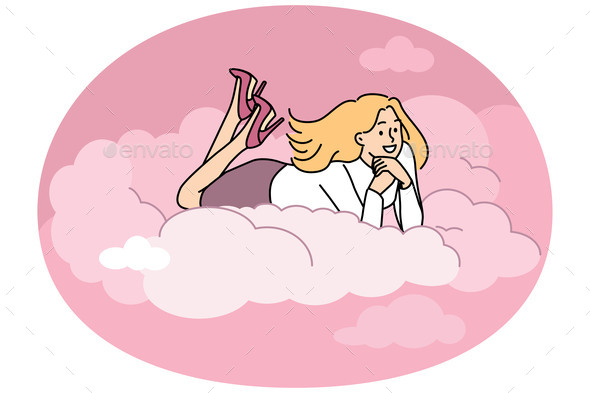 Smiling Woman Lying on Cloud Dreaming