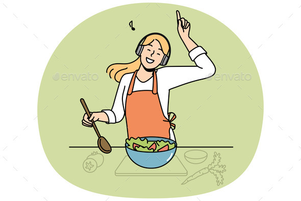 [DOWNLOAD]Smiling Woman Cooking and Listening to Music