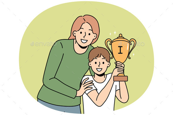 Smiling Mother Hug Son with Golden Trophy