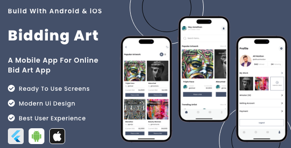 Biddingart App - Online Art Bidding Flutter App | Android | iOS Mobile App Template