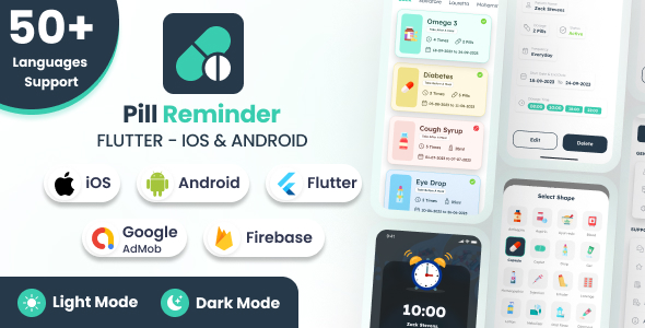 Pill Mode | Pill Reminder - Flutter Android & iOS Full App + Light + Dark Mode (53 Languages)