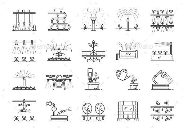 Drip Water Irrigation System Icons with Sprinklers