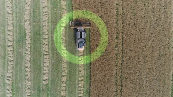 Electric Combine, Harvester Removes Oats, View From Height, Tracking GPS System, HUD, Motion alt