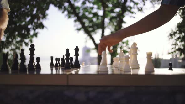 Grandfather and Grandson are Playing Chess in Park Slow Motion Close Up alt