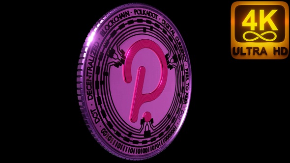 Polkadot Cryptocurrency. Dot Coin Rotating. 3D 4K With Alpha Matte Animation. Loopable alt
