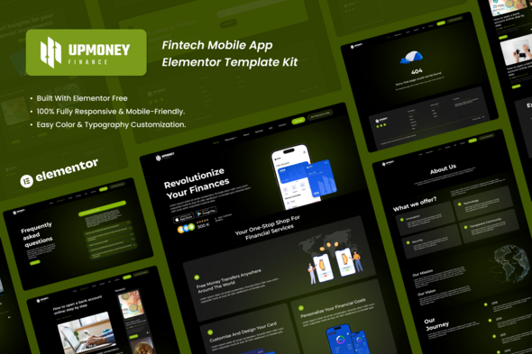 Upmoney - Fintech Mobile App Elementor Template Kit