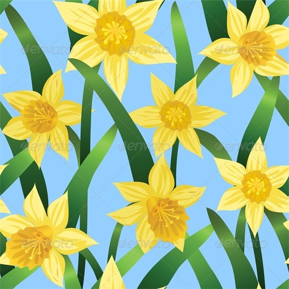 Seamless Background With Daffodils on Blue - Flowers & Plants Nature