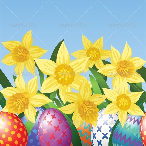 Easter Eggs on Meadow with Daffodils - Miscellaneous Seasons/Holidays