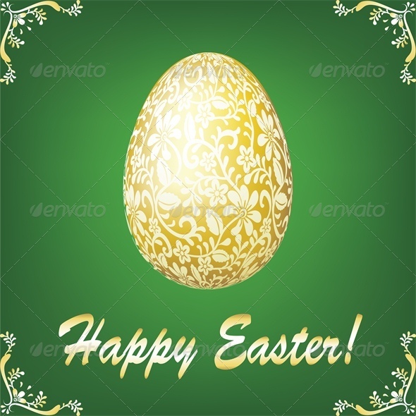 Easter Gold Egg on Green Background - Miscellaneous Seasons/Holidays