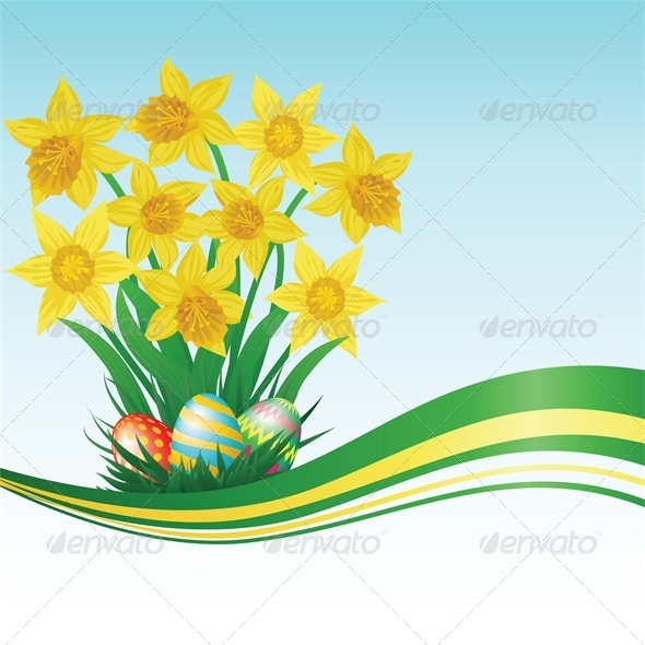Easter Eggs, Daffodils, Grass and Blue Sky - Miscellaneous Seasons/Holidays