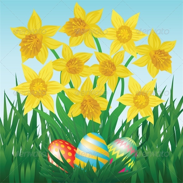 Easter Eggs, Daffodils, Grass and Blue Sky - Miscellaneous Seasons/Holidays