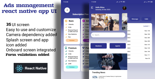 Ads management react native app UI - template