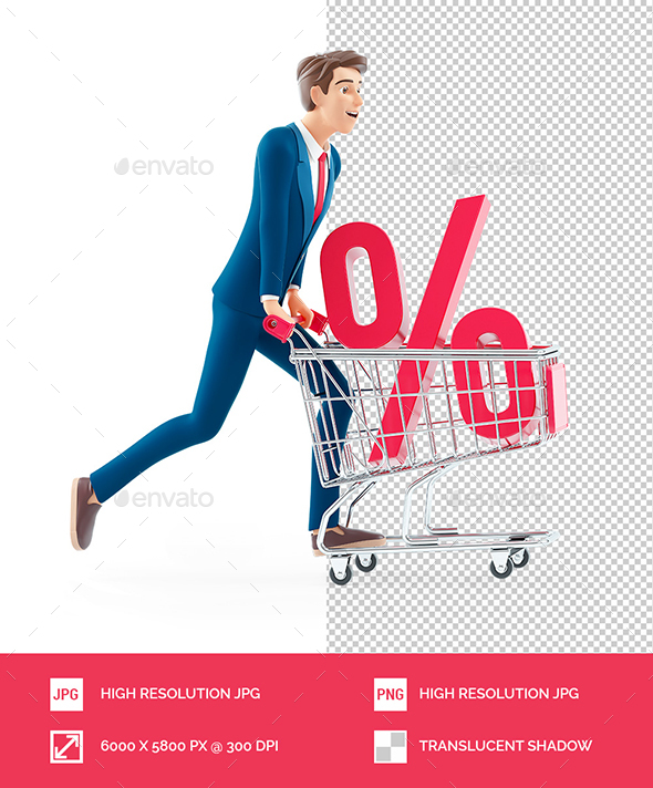 3D Cartoon Businessman Pushing Shopping Cart with Percent Sign