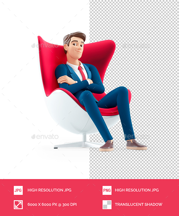 3D Cartoon Businessman Sitting Comfortably with Arms Crossed