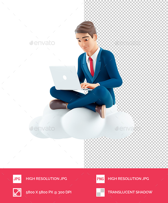 3D Cartoon Businessman Sitting on Cloud and Using Laptop
