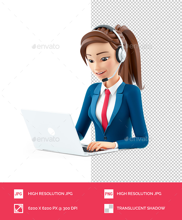 3D Cartoon Businesswoman with Headset Working on Laptop
