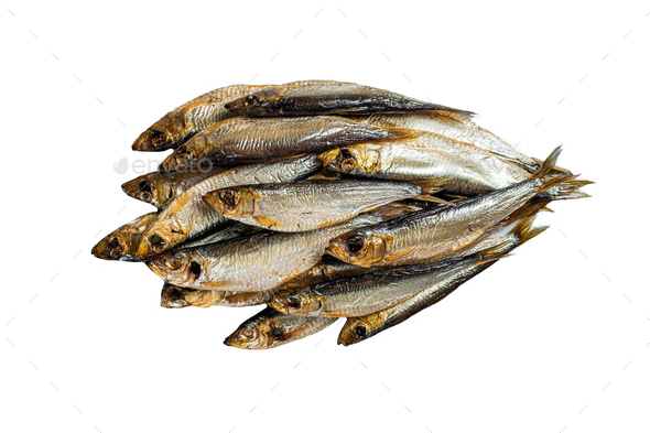 Smoked sprat fishes marinated with spices. Isolated on white