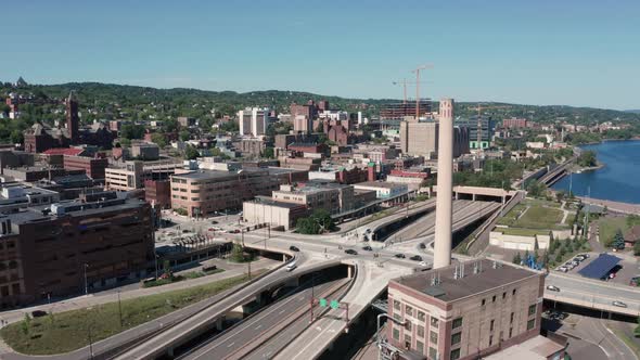 Aerial View Moving in Towards Town in Duluth Minnesota USA 4K UHD