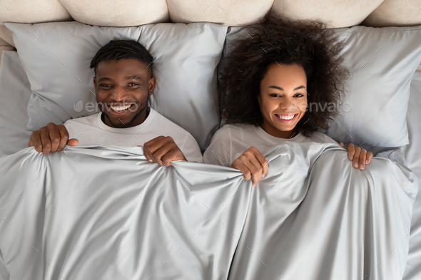 Happy Couple Having Fun On Bed Under Blanket Young Romantic Lovers