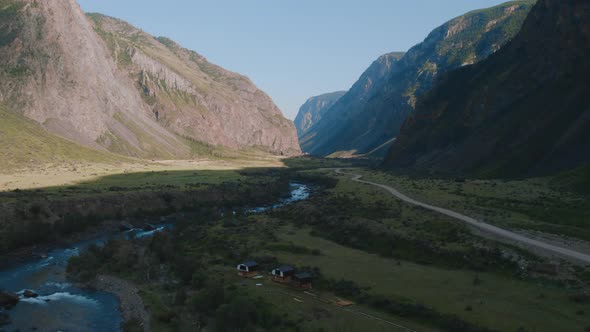Valley Chulyshman with river and mountains with blue clear sky in Altai
