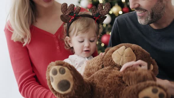 Video of toddler playing with a teddy bear gift. Shot with RED helium camera in 8K. alt