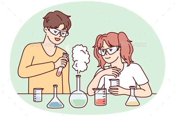 Youth Boy and Girl Conduct Chemical Experiments