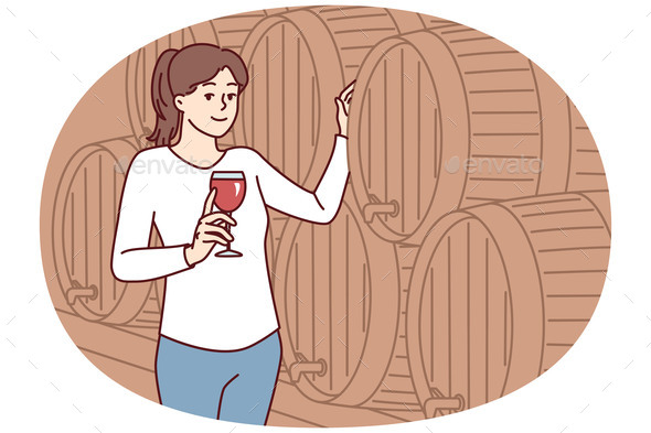 Woman with Glass of Wine Stands Near Wooden Barrel