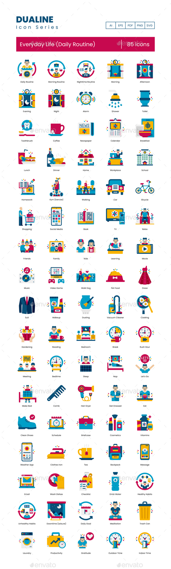 85 Everyday Life (Daily Routine) Icons | Flat Dualine Series