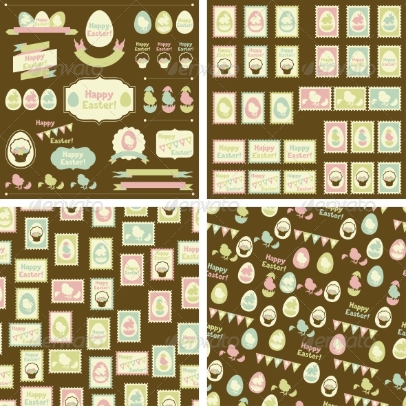 Set of Happy Easter Decorative Elements - Backgrounds Decorative