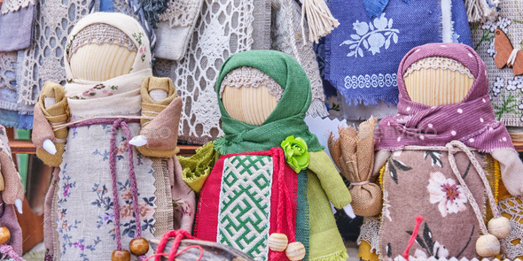 Little slavic folk rag dolls - amulets, closeup.