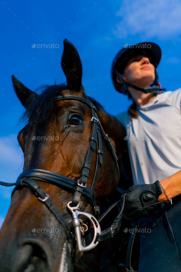 A horsewoman in a helmet hugs and scratches her black horse with her hand at the equestrian arena