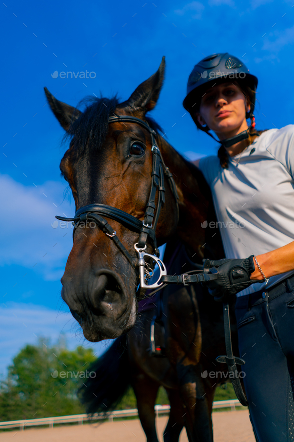 A horsewoman in helmet hugs and scratches her black horse with her hand at the equestrian arena