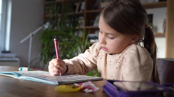 Little girl writing in excercise book, doing homework alt