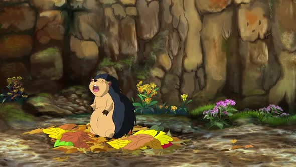 Hedgehog wakes up in the leaves alt