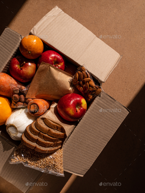 Healthy food delivery. Take away natural organic products.Donation box New normal online shopping