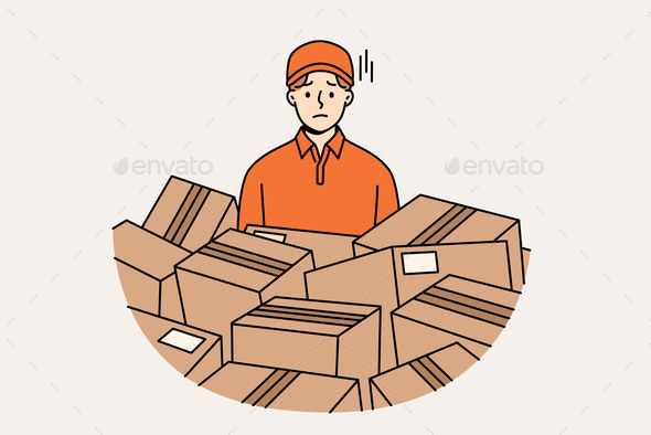 Sad Man Courier Stands Among Scattered Cardboard