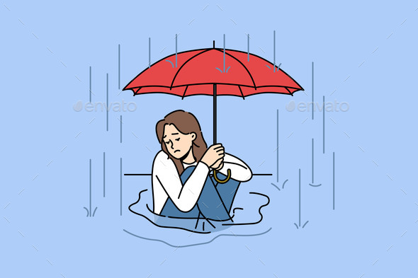 Woman Sits in Puddle in Rain and Holds Umbrella