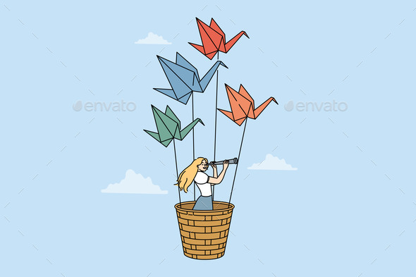 Woman Travel Flying in Basket of Origami Swans and